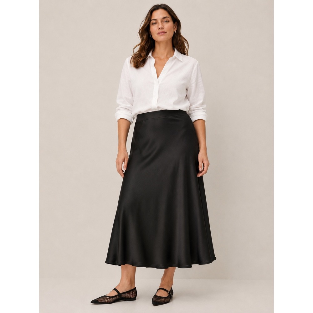 J.Crew Womens Satin Midi Slip Skirt XL Black Bias Cut Elastic Waist Minimalist